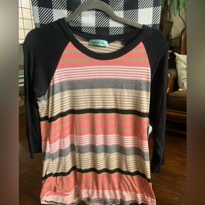 Chris & Carol Black Sleeve Striped Pink and Tan Raglan Top